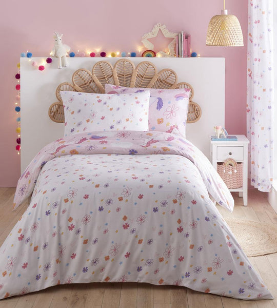 Girls pink unicorn bedding duvet set pastel colour bedroom quilt cover