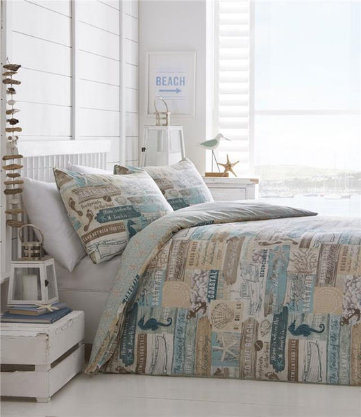 Seaside duvet cover set coastal drift wood sea shells beach hut signs bedding