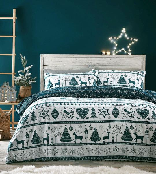 Christmas bedding duvet cover set teal xmas reindeer stag tree festive home