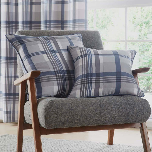 Curtains Blue Grey eyelet ring top lined curtains tartan check ready made