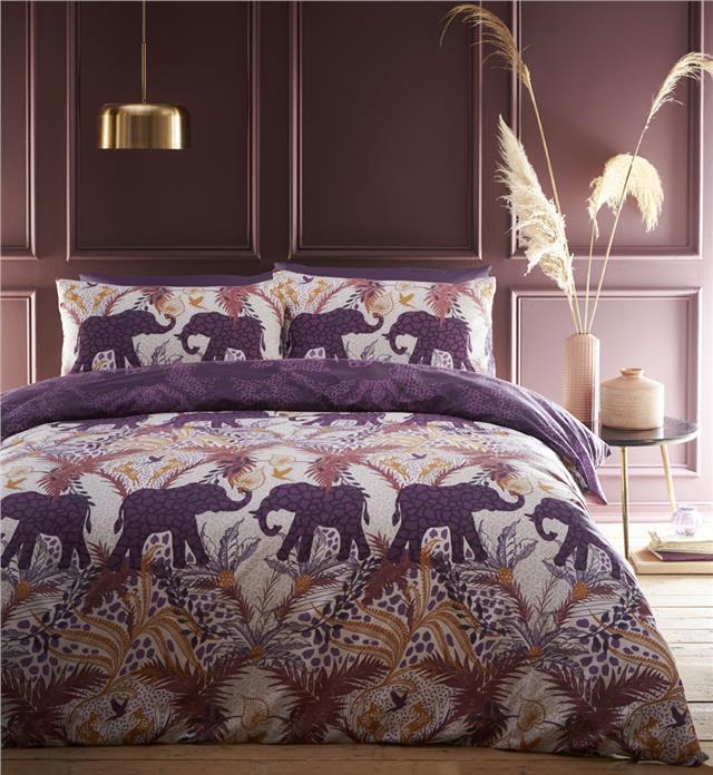 Duvet sets Indian elephant purple plum tropical palm fern quilt