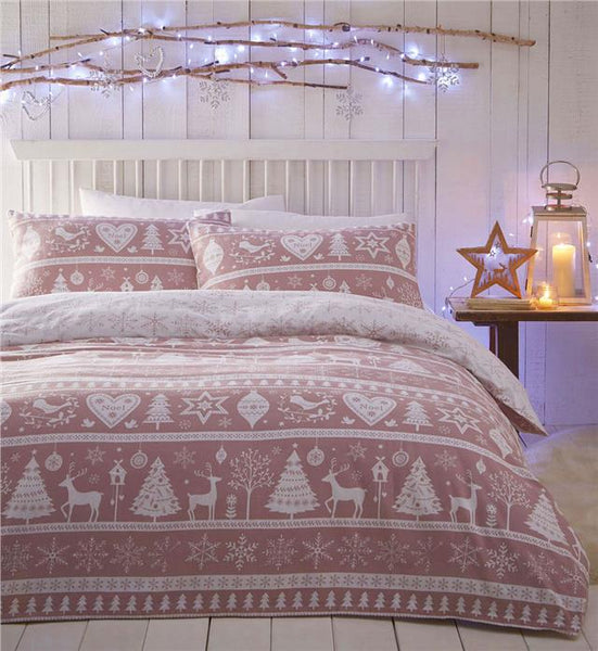 Brushed cotton duvet cover set Christmas tree winter stag pink warm flannelette