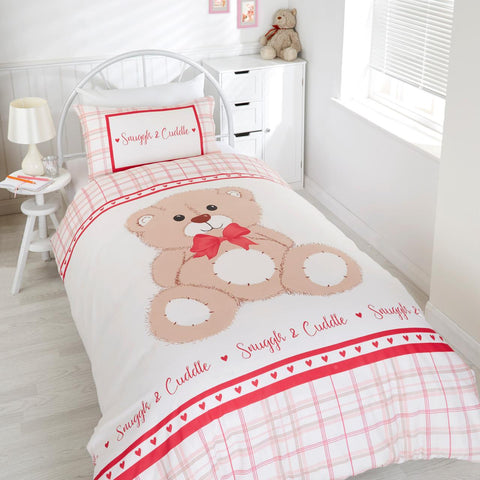 SINGLE Duvet Set Girls Red Pink Cute Teddy Bear Bedding Quilt Cover Pillow Case