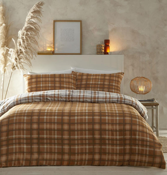 Flannelette bedding duvet set rust check cover cosy warm brushed cotton tartan
