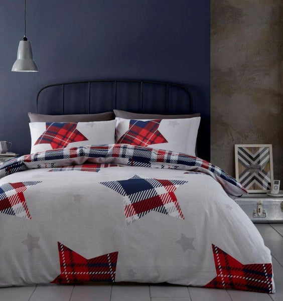 Pure cotton duvet set flannelette grey navy red or ochre tartan stars bedding