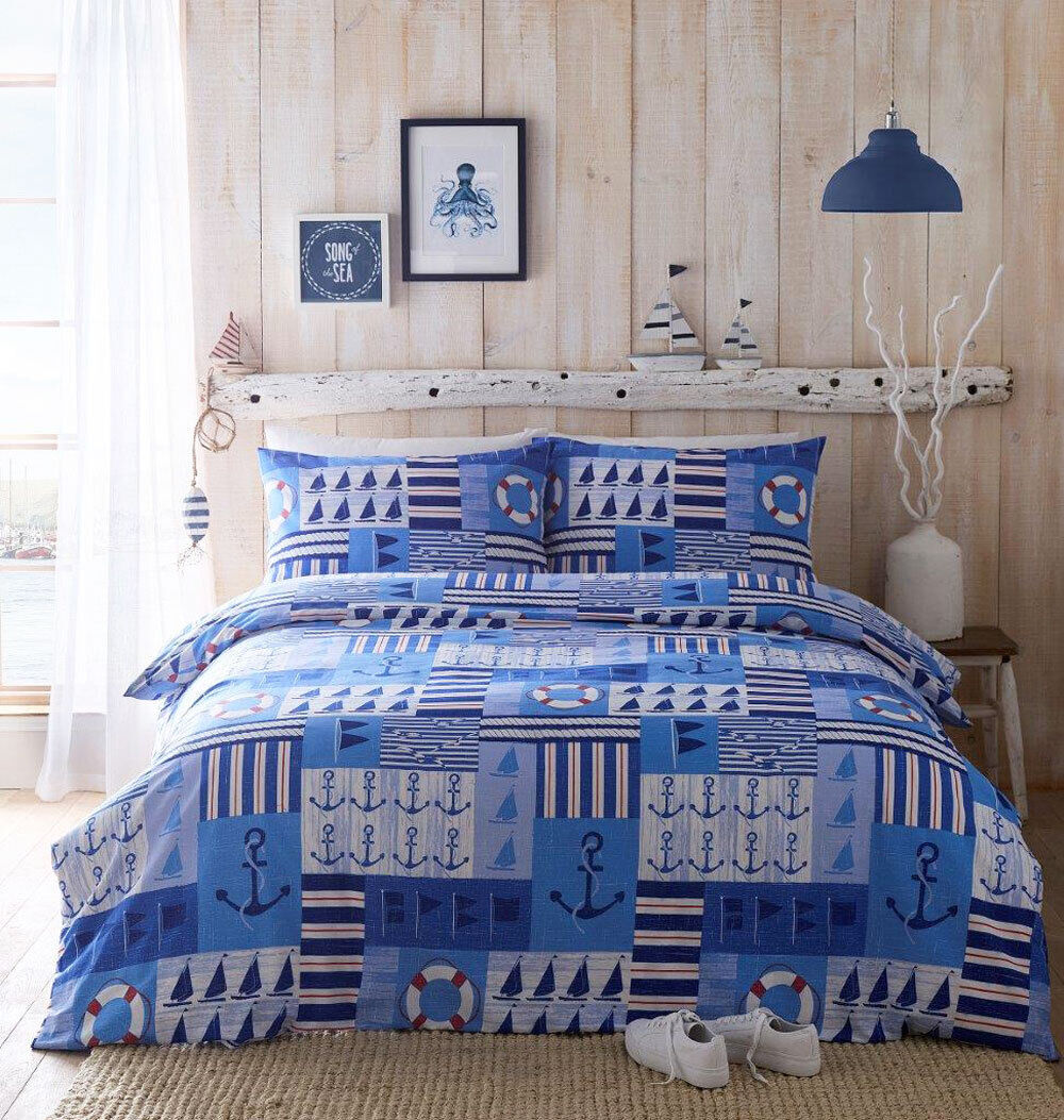 New duvet cover set sailing boat ship anchor blue yacht nautical regatta bedding