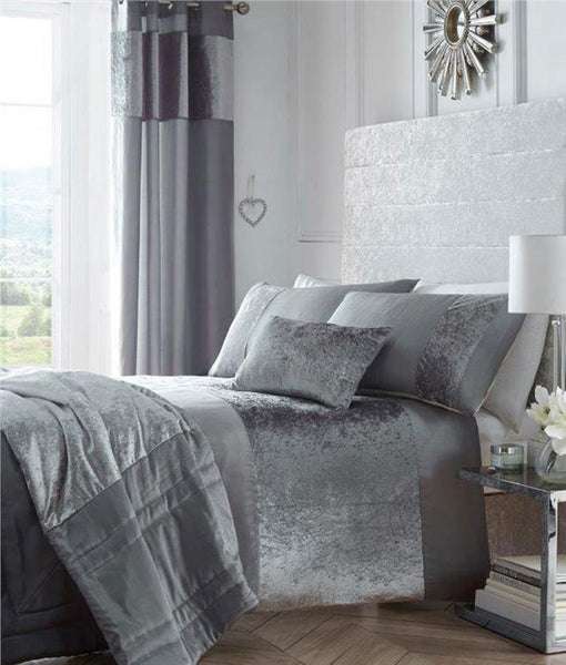 Grey Duvet cover set soft crushed velvet style panel luxury bedding