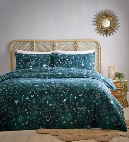 Duvet Set Celestial Sun Moon Galaxy Luna Fantasy Dark Teal Quilt Cover Bedding