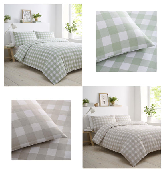 Gingham bedding duvet set cottage check quilt cover light brown or green