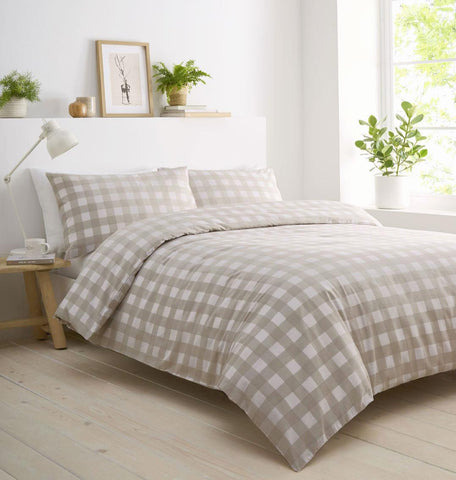 Gingham bedding duvet set cottage check quilt cover light brown or green