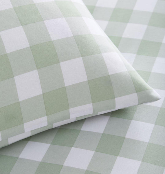 Gingham bedding duvet set cottage check quilt cover light brown or green