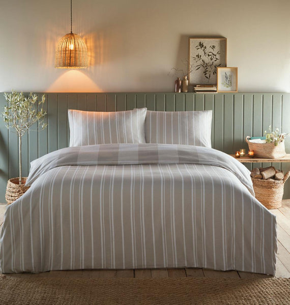 Brushed Cotton Duvet Set Warm Bedding Check Quilt Cover Sage or Natural