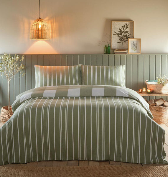 Brushed Cotton Duvet Set Warm Bedding Check Quilt Cover Sage or Natural