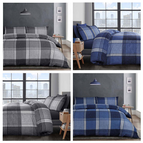 New duvet sets check quilt cover pillow cases modern bedding blue taupe grey