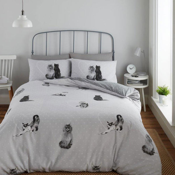Cats Duvet Set Bedding Grey Hearts Kittens Pets Quilt Cover Pillow Cases