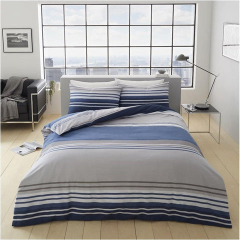 Duvet Set Stripe Navy Blue Grey Quilt Cover Pillow Cases New Bedding