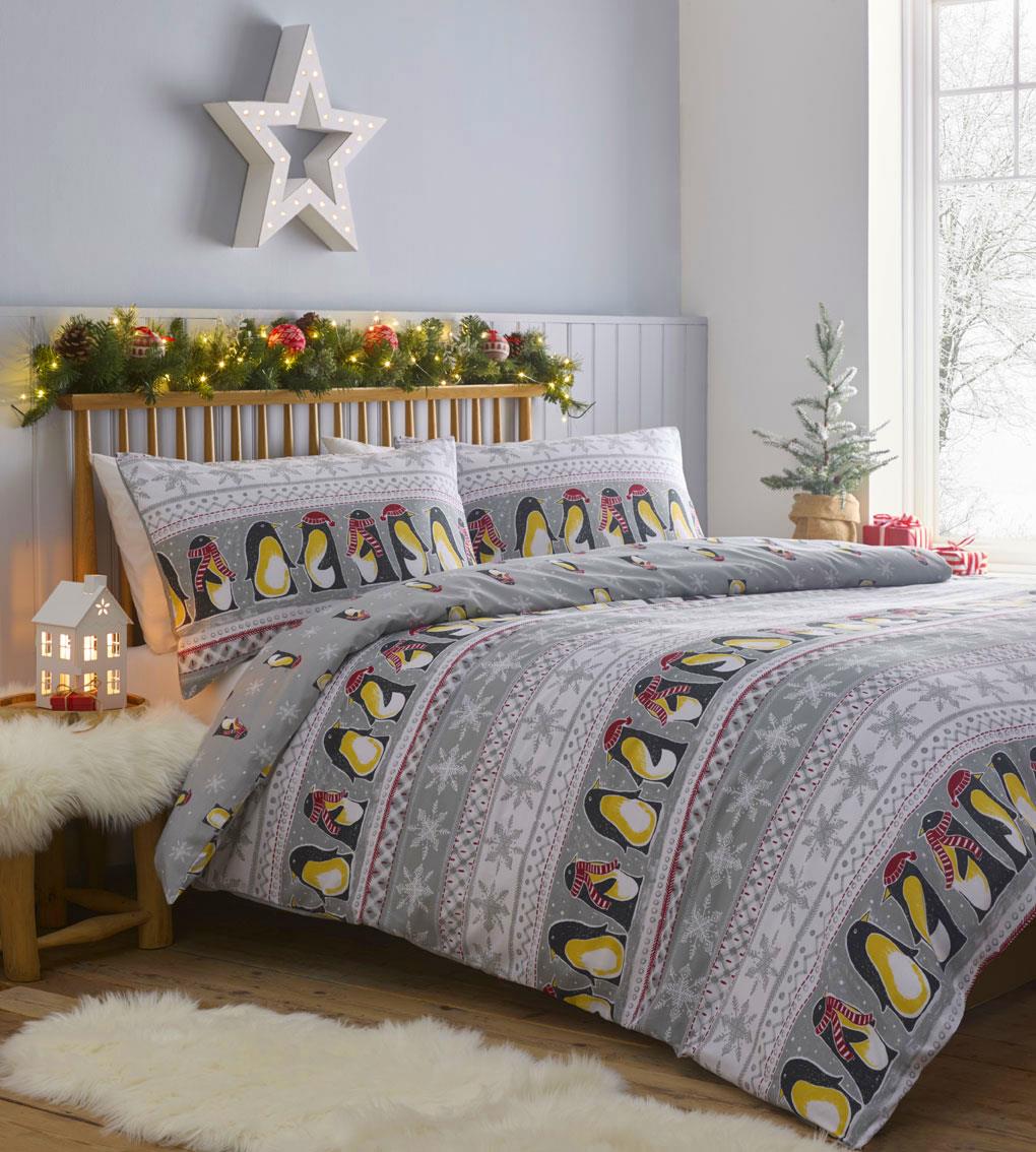 Christmas Bedding Grey Duvet Set Scandi Winter Penguins New Quilt Cover