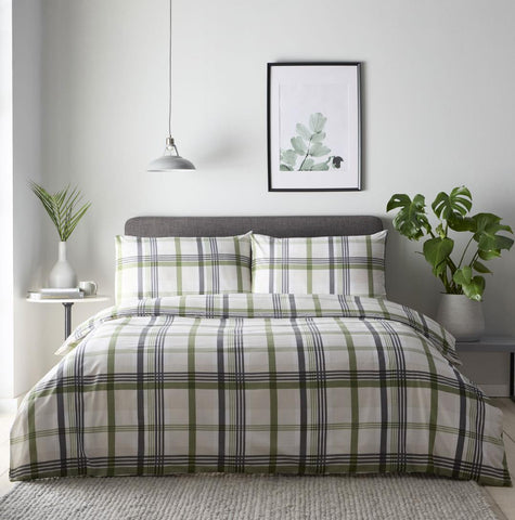 New bed set duvet cover pillow case tartan check olive khaki green bedding