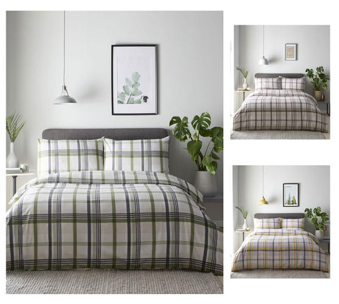 Duvet cover pillow case tartan check olive khaki green bedding