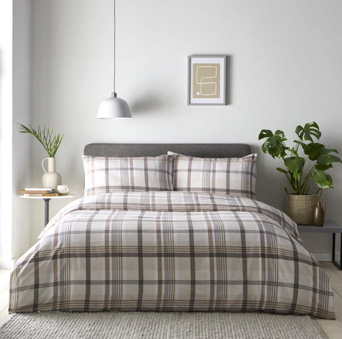 Tartan duvet cover check bed set natural brown beige cream new neutral bedding