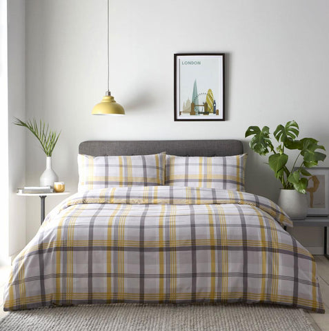 New duvet set tartan check mustard ochre yellow quilt cover pillow cases bedding