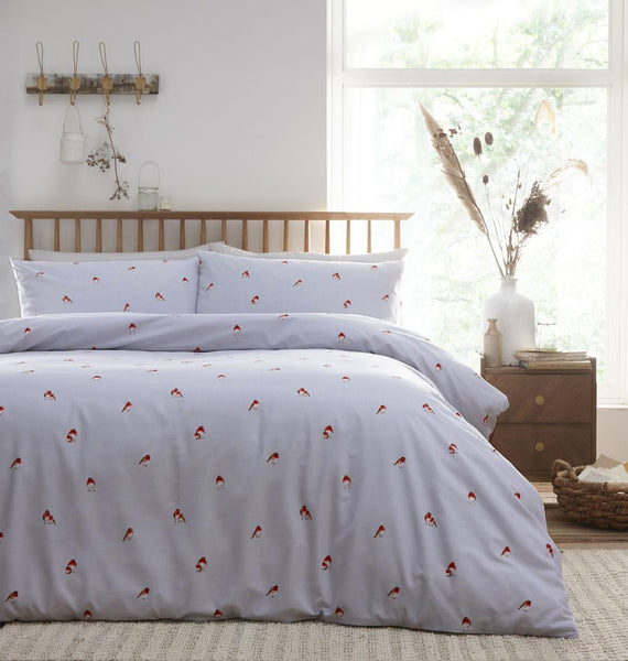 Duvet set bed quilt cover pillow cases little robin red breast grey bedding