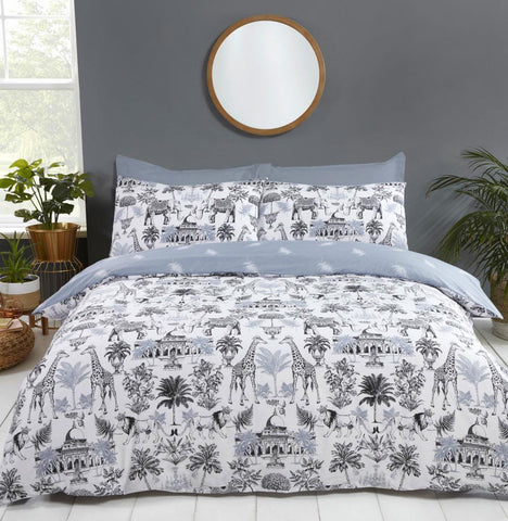 Duvet Set Safari Bedding Quilt Cover Black Ink Palms Giraffe Lion Elephants