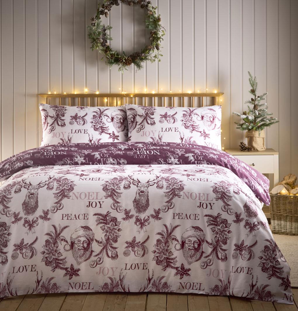 Xmas Bedding Father Christmas Stag Traditional Duvet Cover Set Aubergine Plum