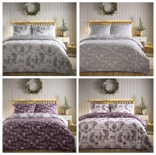 Christmas Duvet Set New Xmas Bedding Traditional Festive Quilt Cover Plum / Grey