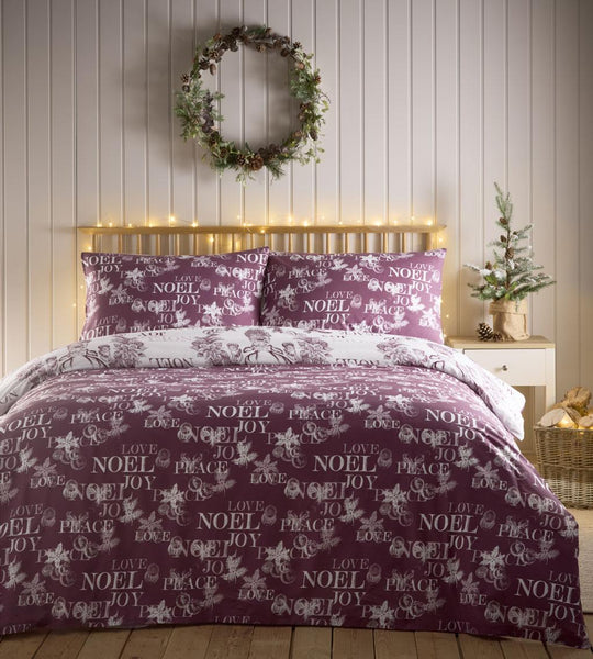 Christmas Duvet Set New Xmas Bedding Traditional Festive Quilt Cover Plum / Grey