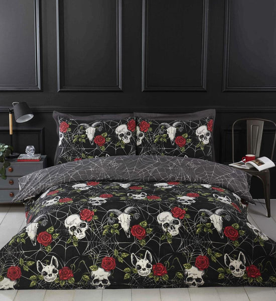 Duvet Set Black Goth Spider Web Roses Skulls Dark Halloween Bedding Quilt Cover