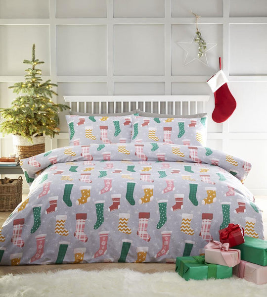 Christmas Stocking Socks Duvet Cover Set New Xmas Eve Grey Festive Bedding