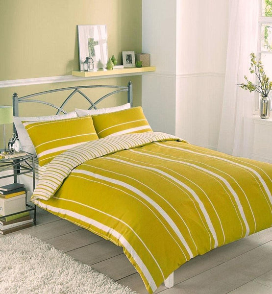 Duvet set stripe ochre green white bed quilt cover pillow cases new bedding
