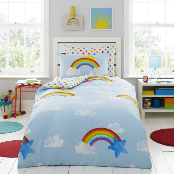 Girls Duvet Set Pretty Blue Sky Bright Rainbows Quilt Cover Pillow Case Bedding