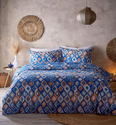Duvet set quilt cover ethnic bedding Moroccan tile pattern blue orange