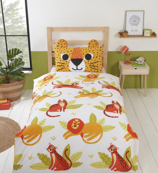 Duvet Set Lion Leopard Tiger Jungle Cats Bright Quilt Cover Kids Fun Bedding