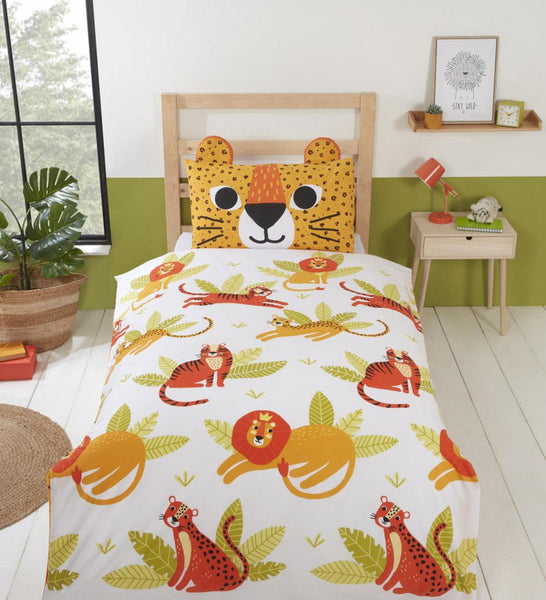 COT BED Duvet Quilt Cover Set Reversible Toddler Size Animal Orange leopard cat