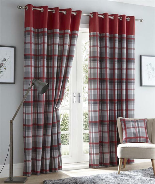 Lined curtains tartan check eyelet ring top curtains red & grey or charcoal & taupe