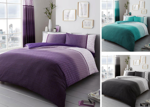Duvet sets in grey teal or purple geometric shapes quilt cover & pillow cases