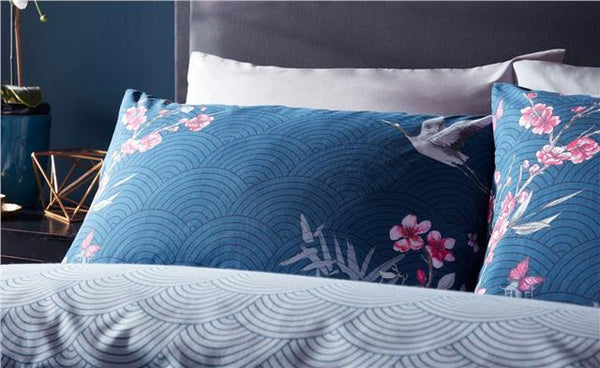 Japanese blossom duvet sets blue quilt cover & pillow cases oriental bedding