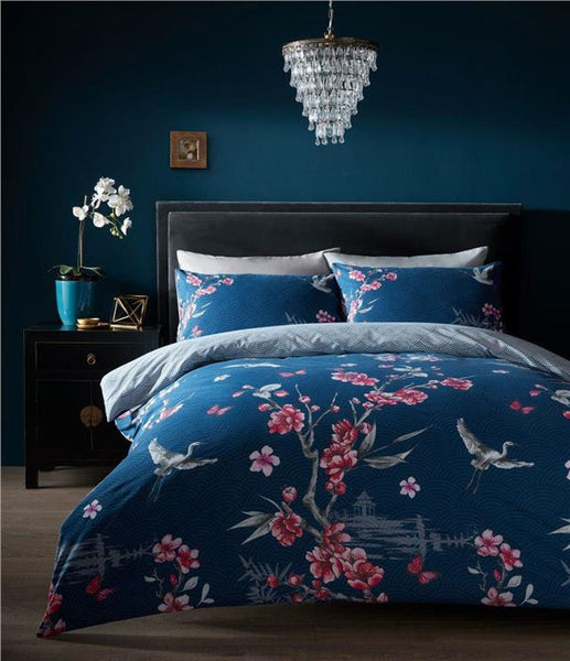 Japanese blossom duvet sets blue quilt cover & pillow cases oriental bedding