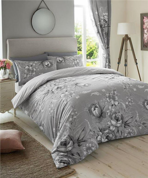 Duvet set flower bedding charcoal grey floral quilt cover & pillow cases
