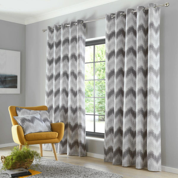 Grey curtains eyelet ring top lined ready made charcoal modern geometric zigzag
