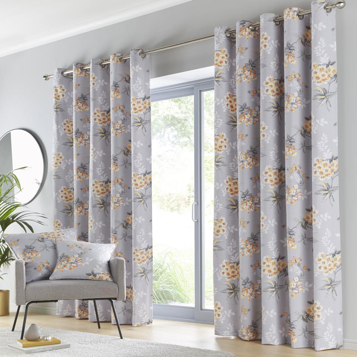 Grey curtains ochre yellow flowers lined ready made floral pair window door
