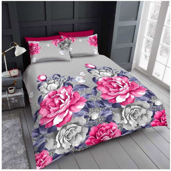 Grey duvet cover set pink flowers purple mauve leaf quilt pillow cases bedding