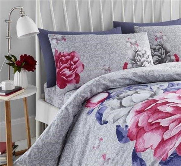 Duvet Set Grey Pink Flowers Purple leaf Floral Quilt Cover Pillow Cases Bedding