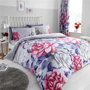 Duvet Set Grey Pink Flowers Purple leaf Floral Quilt Cover Pillow Cases Bedding