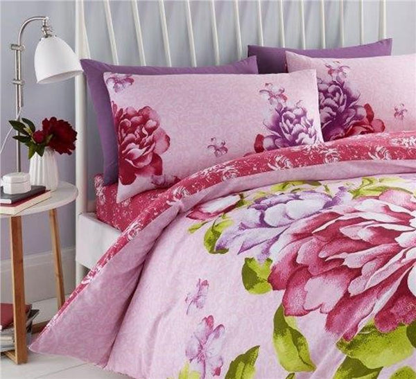 Duvet Set Pink Flowers Purple Roses Bright Quilt Cover Pillow Cases Bedding