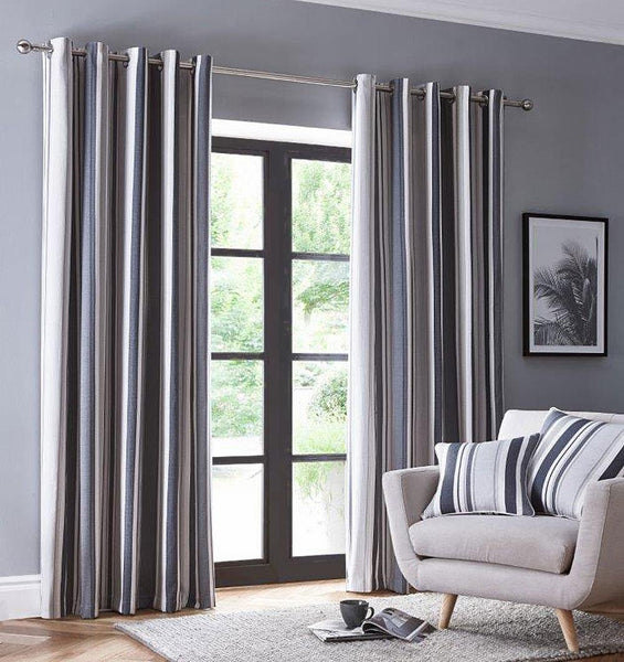 Lined curtains x2 eyelet ring top stripe natural beige or charcoal grey taupe