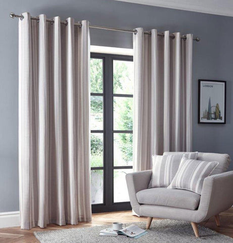 Striped curtains pair eyelet ring top lined light natural beige stone
